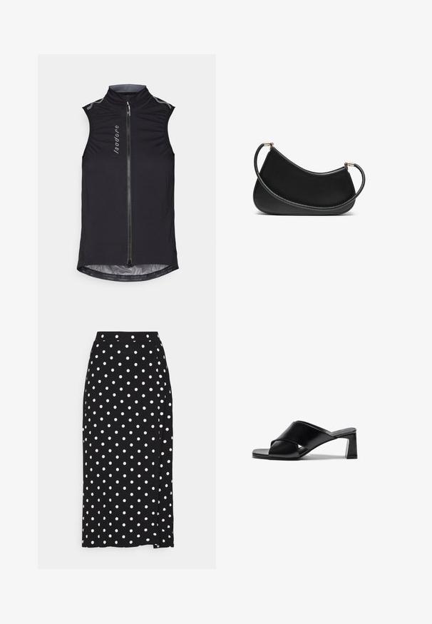 Μαύρο αμάνικο γιλέκο ποδηλασίας με ψηλό γιακά, μπροστινό φερμουάρ και ανακλαστικά στοιχεία, φτιαγμένο από ελαφρύ, ελαστικό ύφασμα.; Γκρίζο πουλόβερ με ανοιχτό λαιμό, μακριά μανίκια και ρυθμιζόμενο ζωνάκι στη μέση. Φτιαγμένο από μαλακό πλεκτό υλικό με ελαφριά υφή.; Δύο βαμβακερές φανέλες: μία σε ανοιχτό μπεζ και μία σε μαύρο, με λεπτές τιράντες και σχέδιο V-λαιμόκοψης. Ορατές ετικέτες μέσα.; Μαύρη φούστα με λευκές βουλίτσες, κατασκευασμένη από μαλακό ύφασμα. Διαθέτει ίσια γραμμή και άνοιγμα στο κάτω μέρος για ευκολία κατά την κίνηση.; Μαύρες δερμάτινες σανδάλια με τακούνι, με σχεδίαση με διασταυρούμενες λωρίδες, τετράγωνη μύτη και τετράγωνη φτέρνα. Μαλακή υφή με ελάχιστες λεπτομέρειες.; Μαύρη δερμάτινη τσάντα ώμου με καμπυλωτό σχέδιο, διαθέτοντας υφαντό λουρί και χρυσές λεπτομέρειες στην επάνω κλείσιμο. Λείο φινίρισμα.