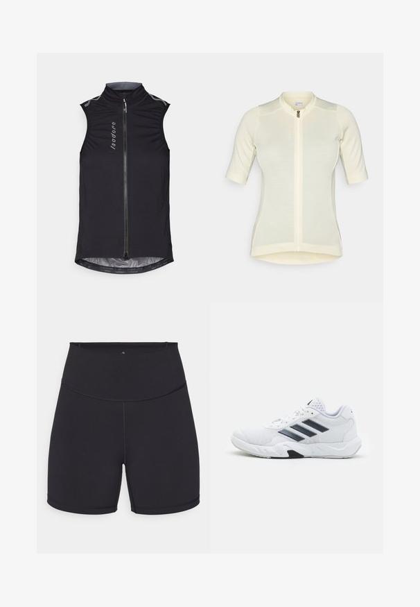 Il gilet da ciclismo senza maniche nero presenta un colletto alto, una chiusura frontale con zip e dettagli riflettenti, ed è realizzato in tessuto leggero e elasticizzato.; Jersey da ciclismo giallo chiaro con maniche corte, taglio slim, zip a lunghezza totale, tessuto textured sottile e colletto rotondo. Nome del marchio sul fronte.; Pantaloni sportivi neri realizzati in tessuto elasticizzato. Presentano un alto punto vita e cuciture lisce. Adatti per l'abbigliamento attivo e l'esercizio fisico.; Scarpa sportiva bianca con tomaia in mesh, tre strisce nere sui lati, dettagli testurizzati e una suola in gomma robusta con una sezione nera a contrasto.