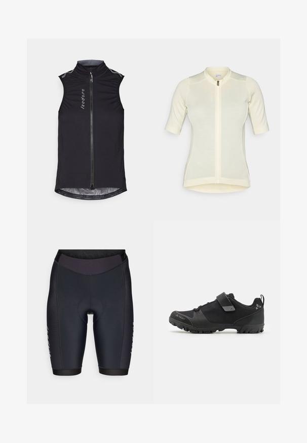 Zwarte mouwloze fietsvest met een hoge kraag, ritssluiting aan de voorkant en reflecterende accenten, gemaakt van lichte, rekbare stof.; Lichtgele fietsjersey met korte mouwen, slim fit, volle rits, subtiele textuurstof en een ronde kraag. Merknnaam op de voorkant.; Zwarte fietsbroek met een aansluitend ontwerp, gemaakt van gladde elastische stof, met een strakke tailleband en versterkte zitpadding.; Zwarte buitenschoen met een gestructureerde mesh bovenkant, rubberen zool en verstelbare band. Kenmerkt zich door een stevige constructie voor grip en ondersteuning.