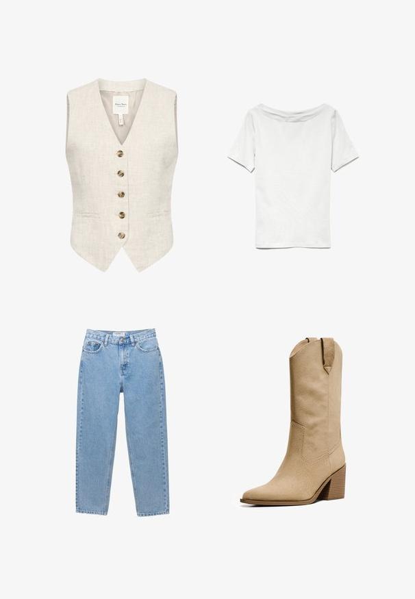 Linenliivi vaaleassa beessissä, jossa on V-kaulus, viisi ruskeaa nappia ja kaksi sivutaskua. Ominaisuuksiin kuuluu sileä tekstuuri ja muotoiltu istuvuus.; Valkoinen lyhythihainen t-paita, jossa on leveä kaula-aukko ja rento istuvuus. Valmistettu pehmeästä puuvillakankaasta, jossa on sileä rakenne ja yksinkertainen muotoilu.; Vaaleansiniset farkut, joissa on suora lahje, viisi taskua ja napitus. Ominaisuuksiin kuuluu hieno kuluminen ja klassinen ilme.; Bershka HIGH-HEEL - Biker-/cowboysaappaat - beige