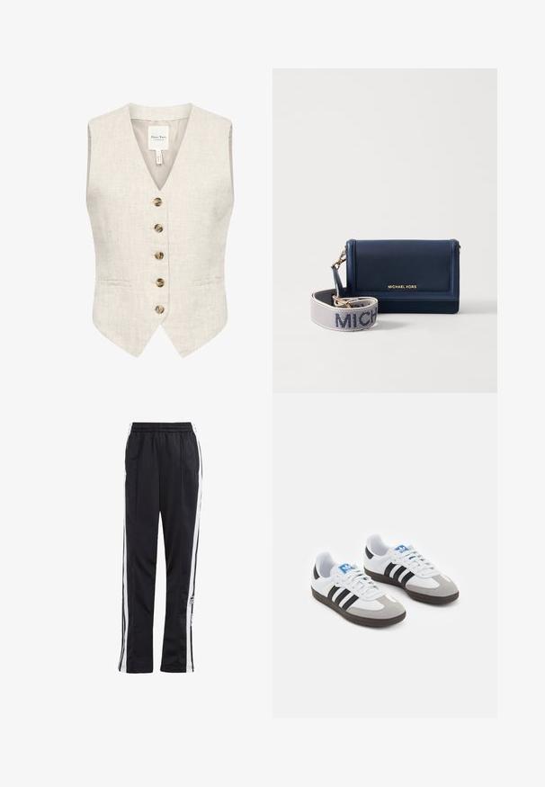 Laneni telovnik v svetli bež barvi z V-izrezom, petimi rjavimi gumbi in dvema stranskima žepoma. Ima gladko teksturo in prilagojen kroj.; Bela majica s kratkimi rokavi z širokim izrezom in sproščenim krojem. Narejena iz mehkega bombažnega blaga, ki se odlikuje po gladki teksturi in preprostem dizajnu.; Črne trenirke z belimi stranskimi črtami, elastičnim pasom in logotipnim vzorcem. Narejene iz gladkega, lahkega materiala. Ravninski kroj.; Športni čevlji z belim usnjenim zgornjim delom, sivim semišem na prstih in tremi črnimi črtami. Imajo modro logo na jeziku in teksturiran gumijast podplat.; Mornarska usnjena denarnica z zlatim logotipom, ki ima odstranljiv trak s napisom "MICHAEL" v beli barvi na teksturirani podlagi. Kompaktna zasnova.