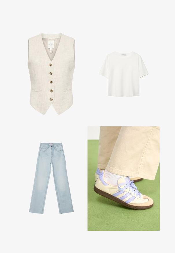 Leinenweste in hellbeige mit V-Ausschnitt, fünf braunen Knöpfen und zwei Seitentaschen. Sie hat eine glatte Textur und eine taillierte Passform.; Weißes T-Shirt mit kurzen Ärmeln aus Baumwolle. Hat einen Rundhalsausschnitt und eine lockere Passform. Glatte Textur ohne sichtbare Muster oder Akzente.; Hellblaue weit geschnittene Jeans aus Denim. Verfügt über fünf Taschen, einen Knopfverschluss und ausgeblichene Details. Klassischer gerader Schnitt mit lockerer Passform.; Cremefarbene und lavendelfarbene Sneakers mit drei Streifen und einer strukturierten braunen Sohle, ausgestattet mit Schnürsenkeln und einer gepolsterten Ferse. Obermaterial aus weichem Stoff.