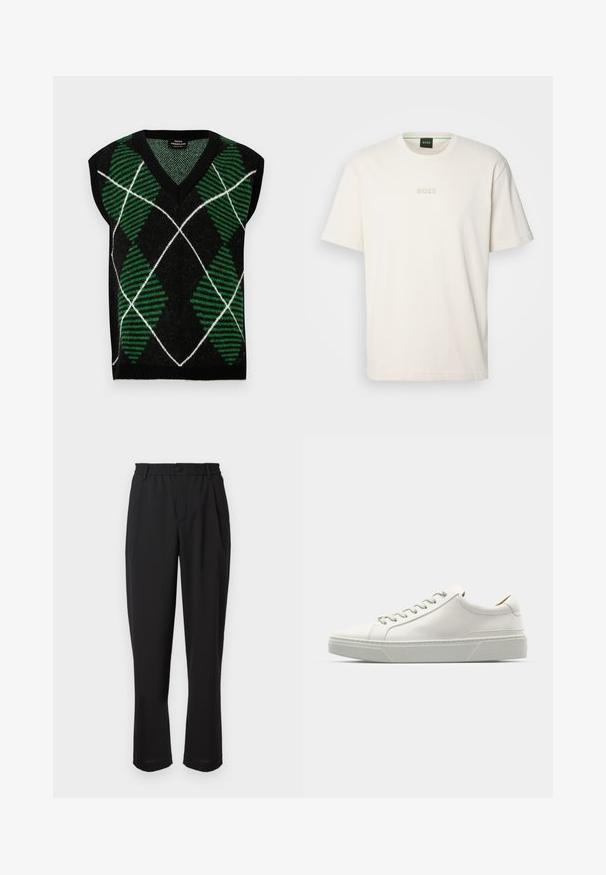 Schwarzer ärmelloser Pullover mit V-Ausschnitt, der mit einem grün-weißen Argyle-Muster versehen ist. Hergestellt aus gestricktem Stoff mit einer strukturierten Oberfläche.; BOSS TEE - T-Shirt basic - open white; Schwarze Hose mit einem elastischen Bund, Knopfverschluss und geradem Beinansatz. Glattes Material, keine sichtbaren Muster oder Akzente.; Weißes Leder-Sneaker mit abgerundetem Zehenbereich, minimalistisches Design, graue Schnürsenkel und einer strukturierten grauen Gummisohle. Dezente Nähte sichtbar.