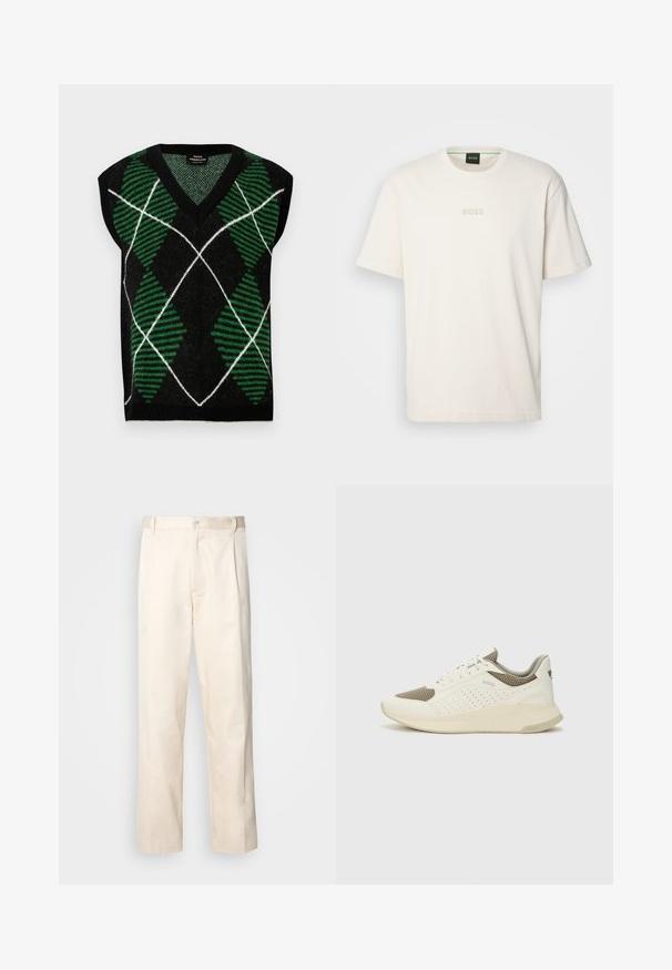 Čierny bezrukávový sveter s výstrihom do V, so zeleno-bielym kosoštvorcovým vzorom. Vyrobený z pleteného materiálu s texturovaným povrchom.; BOSS TEE - Základné tričko - open white; Béžové bavlnené nohavice so strihom rovného nohu, s gombíkovým zapínaním a záhybmi vpredu pre pridanie detailu.; Biele a svetlo béžové športové tenisky s hornou časťou z mriežkového materiálu, perforovanými detailmi a textúrovanou medzipodrážkou s logom na päte.