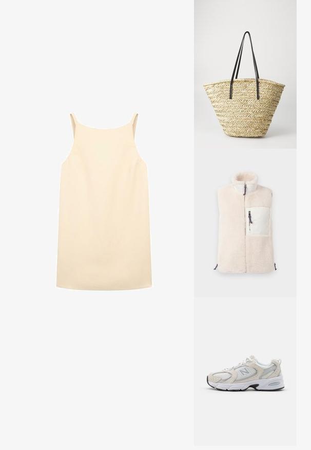 Cremefarbenes ärmelloses Fleece-Weste mit hohem Kragen, Frontreißverschluss und weißer Reißverschlusstasche auf der Brust mit blau-roten Zugkordeln.; Beige ärmelloses Kleid mit lockerer Passform, aus glattem Stoff gefertigt, mit dünnen Schulterträgern und geradem Saum.; Sportlicher Schuh mit einem hellgrauen Mesh-Obermaterial und Wildlederakzenten, weißen Schnürsenkeln und einer schwarzen Gummisohle. Auffälliges ABZORB-Dämpfungselement.; Geflochtene Strohtasche in breiter, sich verjüngender Form mit zwei schwarzen Ledergriffen. Natürliche beige Farbe mit strukturierter Oberfläche.
