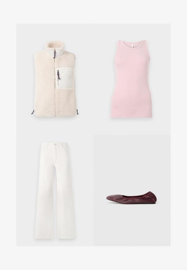 Kreemivärvi ilma varrukat fleece vest kõrge kraega, ees lukuga ja valge lukuga rinna tasku, millel on sinise-punase tõmblukusüsteemiga nöörid.; Heled roosa tanki ülemus, mis on valmistatud pehmest ja elastsetest kangast. Omab ümmargust kaelust ja kitsaid õlgu, sileda tekstuuri ja kehaümberkujundavat lõiget.; Valged, kõrge vöökohaga laiad teksad, mis on valmistatud denimist. Omab nupuga sulgemist, kahte esimest taskut ja külgede õmbluste detailseid õmblusi.; Sügisene burgundi puhkepaar nahast ballett, millel on ümar nina, elastne serv ja sile tekstuur koos peene plekkimise detailiga.