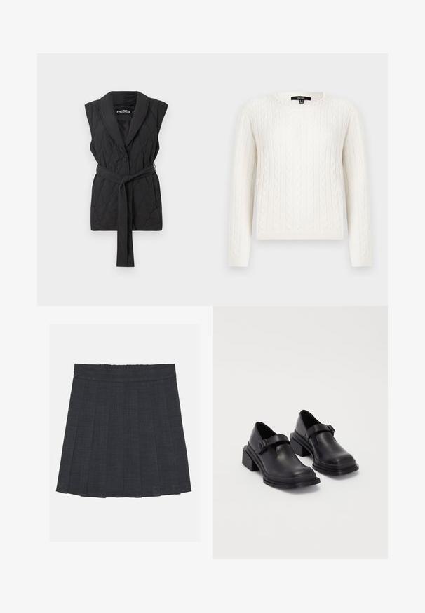 Crni kvadrirani prsluk s revere ovratnikom, zatvaranjem na jedan gumb i odgovarajućim remenom, s glatkom teksturom i bez rukava.; Bijela pletiva s uzorkom, dugih rukava, okruglog izreza, s ukrasnim bisernim detaljem na ovratniku. Mekana tekstura i prilagođeni dizajn.; Tamno siva plisirana suknja s elastičnom pasicom, s teksturiranim materijalom i klasičnim A-siluetom. Prikladna za svakodnevno nošenje.; Crne kožne cipele s okruglim vrhom, ravnim đonom i remenom s detaljem kopče. Debeli blok peti za dodatnu stabilnost.