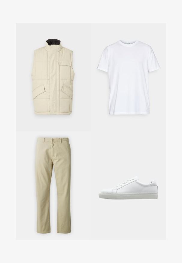 Világos bézs ujjatlan puffertakaró mellény magas nyakkal, elől cipzárral, két oldalsó zsebbel és egy kis zsebbel a mellrészen. Texturált steppelt anyag.; Fehér pamut póló rövid ujjakkal, kerek nyakkivágással és laza fazonnal. Minimalista dizájn jellemzi, nincsenek minták vagy díszek.; Beige színű, egyenes lábú pamut nadrág, elöl gombos záródással és övhurkokkal. Simaság jellemzi, látható minták vagy díszítések nélkül.; Fehér sportcipő sima bőr felső résszel és alacsony profilsal. Kerek orr, hat fűzőlyuk és barázdált gumitalp jellemzi.