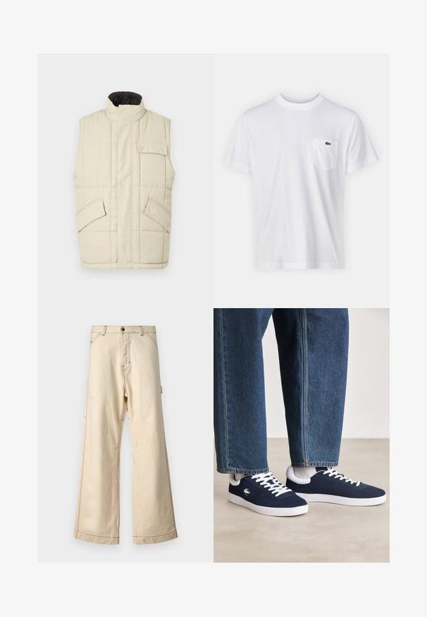 Colete acolchoado sem mangas de cor bege claro, com colarinho alto, fecho éclair à frente, dois bolsos laterais e um pequeno bolso no peito. Tecido acolchoado texturizado.; T-shirt de algodão branco com decote redondo e mangas curtas. Apresenta um bolso no lado esquerdo do peito e um pequeno logótipo verde da Lacoste.; Calças largas bege feitas de algodão com fecho de correr e botão, apresentando costuras contrastantes e bolsos laterais.; Sapatilhas de tela azuis com atacadores brancos e solas de borracha, exibidas com calças de ganga e meios cinza canelados, sobre uma superfície cinza clara.