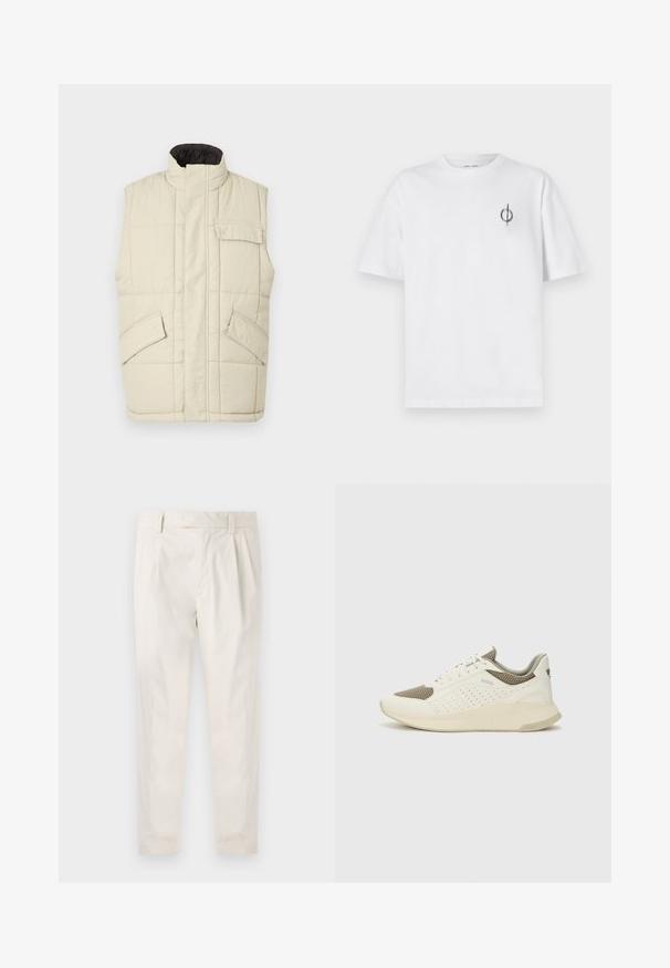 Svetlo bež brezrokavni puhovka z visokim ovratnikom, sprednjim zadrgo, dvema stranskima žepoma in majhnim žepkom na prsih. Teksturna prevlečena tkanina.; Bela bombažna majica s sproščenim krojem, ki ima majhen črn grafični logotip na levem prsnem delu. Kratke rokave, okrogel izrez.; Bele, plisirane hlače s krojenim prileganjem, z gladko teksturo, z zankami za pas in ožjimi hlačnicami. Brez vidnih žepov ali vzorcev.; Beli in svetlo bež športni copat, s mrežastim zgornjim delom, perforiranimi detajli in teksturirano srednjim delom z blagovno znamko na peti.