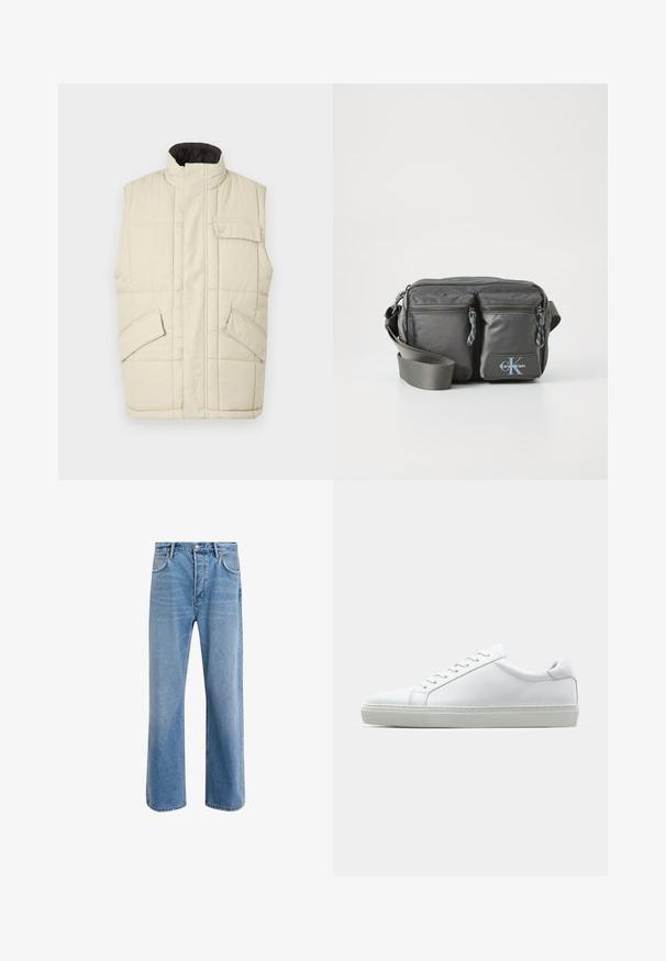 Helebeež satiinist ilma käsipideme ja kõrge kraega puffer vest, esipoolne lukk, kaks küljetaskut ja väike tasku rinnal. Tekstuuriga tikitud kangas.; Pikad varrukad, kõrge kaelusega särk heleses puuvillas. Sile tekstuur, lõdva lõikega, minimalistik disain, ilma nähtavate mustrite või aktsentideta.; Heledad sinine teksapüksid otse lõikega, viie taskuga, nupuga sulgemine, minimaalne kulumine ja kontrastsed õmbluse detailid.; Valge tennisetoss, millel on sile nahk pealis ja madal profiil. Omab ümarat ninaosa, kuut silmust ja tekstuuriga kummist talda.; Halletud nailonist ristiüle kantav kott, millel on kaks lukuga esikotid, reguleeritav rihm ja logo aktsent. Sile tekstuur ja kaasaegne disain.