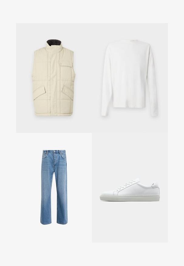 Hellbeige ärmellose Steppweste mit hohem Kragen, Frontreißverschluss, zwei Seiten Taschen und einer kleinen Brusttasche. Strukturiertes Steppgewebe.; Langärmliges weißes Baumwollhemd mit rundem Ausschnitt, seitlichen Schlitzen am unteren Rand und glatter Textur, von hinten präsentiert.; Helle blaue Jeans im Geradeschnitt-Design, mit fünf Taschen, Knopfverschluss, minimaler Ausbleichung und kontrastierenden Nähdetails.; Weißer Sneaker mit glattem Lederobermaterial und niedrigem Profil. Verfügt über eine runde Zehenpartie, sechs Ösen und eine strukturierte Gummisohle.