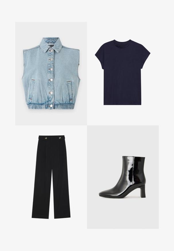 Colete jeans sem mangas azul claro com frente abotoada, gola e bainha elástica. Possui dois bolsos laterais e detalhes em botões prateados.; T-shirt de algodão azul-marinho com um decote redondo e mangas curtas, apresentando um corte descontraído e uma textura suave. Sem padrões ou detalhes.; Calças largas pretas com cintura alta, detalhes em botão na cintura e pregas frontais.; Botim de tornozelo em pele sintética preta com bico apontado e salto bloco de altura média. Textura suave e design minimalista.