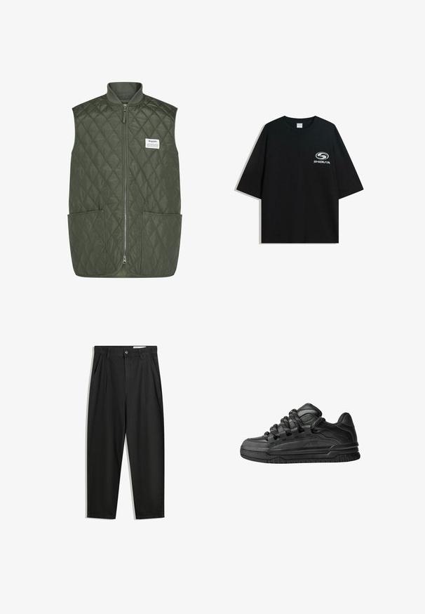 Prošívaná vesta v tmavě zelené barvě, s předním zipem, kulatým výstřihem, dvěma velkými předními kapsami a malou nášivkou značky na levé hrudi.; Černé oversized bavlněné tričko s kulatým výstřihem a krátkým rukávem, na přední straně s potiskem bílého loga "Shibuya".; Černé bavlněné kalhoty s uvolněným střihem, klasickým pasem, předními záhyby a bočními kapsami. Hladká textura bez vzorů.; Černé tenisky s hladkým koženým svrškem, texturovanými akcenty a kulatými černobílými tkaničkami. Silná gumová podrážka s vzorovaným dezénem.