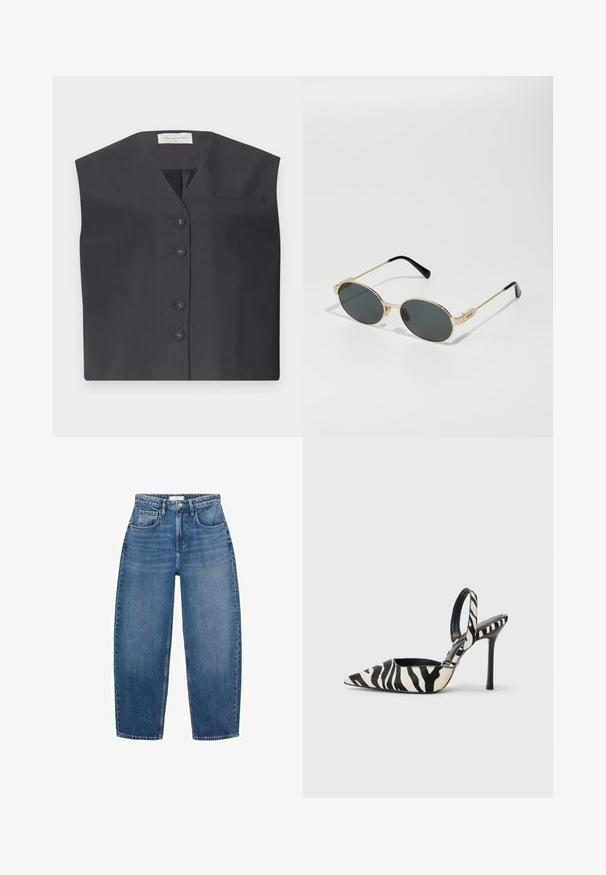 Vesta fără mâneci, de culoare bleumarin închis, cu decolteu în V, cinci nasturi și un mic buzunar pe partea stângă a pieptului. Textile netede cu un design ajustat.; Camasa albă, cu guler punctat, mâneci lungi și un mic logo albastru pe pieptul stâng. Fabricată din material de bumbac.; Blugi din denim albastru cu talie înaltă și croială dreaptă, având cinci buzunare, pasaje pentru curea și decolorări subtile pentru o textură suplimentară.; Cizma cu vârf ascuțit și spate descoperit, în imprimeu zebra alb-negru, având un toc subțire și înalt și un interior negru.; Ochelari de soare din metal aurit, cu lentile ovale și lentile întunecate. Vârfuri din acetat negru pe brațe. Numele brandului "QUAY" pe lateral.