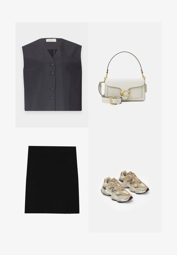 Temno modra brezrokavna telovnik z V-izrezom, petimi gumbi in majhnim žepom na levi strani prsih. Gladka tkanina z prilagojeno zasnovo.; Bela srajca z dolgimi rokavi iz bombaža z gumbi na sprednji strani, klasičnim ovratnikom in zaobljenim robom, ki ponuja sproščen kroj in brez vzorcev.; Črna mini krila iz mehkega materiala s prilegajočim se krojem, ki ima rahel razporek ob strani za dodatno podrobnost.; Bež teniske z mrežastim in semiš materialom. Imajo črn logo in teksturirane detajle. Debela bela srednja podloga in črn gumijast podplat.; Bela usnjena torbica z zlatim zapiranjem, črnimi poudarki, z možnostjo snemljivega naramnega pasu in strukturirano zasnovo s poklopcem.