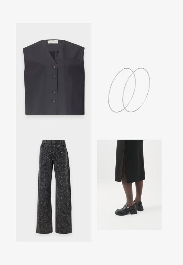 Tamno plavi bezrukavnik s V-izrezom, pet dugmadi i malim džepom na lijevoj strani prsiju. Glatka tkanina s krojem po mjeri.; Crni bodysuit dugih rukava s mrežastim V-izrezom i naborima na ramenima. Glatka tkanina s prilagođenim oblikom.; Noisy May NMJANNEL LOOSE - Traperice opuštenog kroja - black denim; Crne kožne cipele s zaobljenim vrhom, debelim blok petama i elastičnim bočnim detaljima, uparene s tamnim čarapama i crnom suknjom s prorezom.; Srebrne okrugle naušnice s minimalističkim dizajnom. Kružni oblik, glatka tekstura i tanak profil. Lagane s poliranim završetkom.