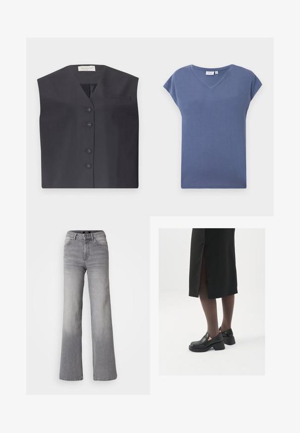 Gilet senza maniche di un blu navy scuro con scollo a V, chiusura con cinque bottoni e una piccola tasca sul petto sinistro. Tessuto liscio con design su misura.; T-shirt a maniche corte con scollo a V di un blu tenue, realizzato in morbido cotone con una texture liscia e una vestibilità comoda.; Jeans in denim grigiop con vita alta e gamba dritta, con bottone e cerniera frontali, tasche anteriori e posteriori, e sfumature sbiadite su cosce e polpacci.; Scarpe in pelle nera con punta arrotondata, tacco spesso a blocco e accenti laterali in elastico, abbinate a collant scuri e una gonna nera con uno spacco.