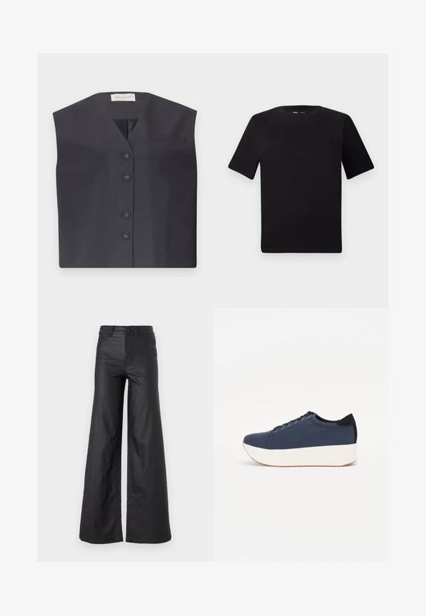 Dark navy sleeveless vest with a V-neck, five button closures, and a small left chest pocket. Smooth fabric with a tailored design.; Black short-sleeve t-shirt with a round neckline, crafted from soft cotton fabric. Simple design, no visible logos or patterns.; Black, wide-leg pants in a faux leather material. Features a high waist, belt loops, two front pockets, and stitched detailing.; Navy blue sneaker with a textured fabric upper, white platform sole, rounded toe, and black heel accent. Features six eyelets for laces.