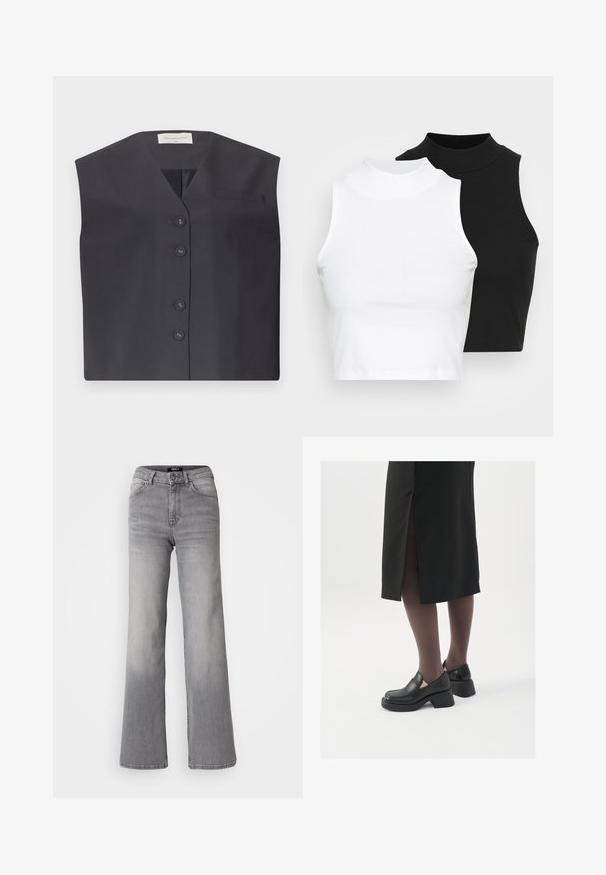 Dunkelblaues ärmelloses Vest mit V-Ausschnitt, fünf Knopfverschlüssen und einer kleinen Brusttasche links. Glatte Stoffoberfläche mit tailliertem Design.; Zwei ärmellose, gerippte Rollkragenoberteile in Schwarz und Weiß, mit einer figurbetonten Passform und glatter Textur sowie einer cropped Länge.; Hochtaillierte graue Denim-Jeans mit geradem Bein, Frontknopf und Reißverschluss, Vorder- und Gesäßtaschen sowie ausgewaschenen Schattierungen an Oberschenkeln und Waden.; Schwarze Lederschuhe mit abgerundetem Zeh, dicker Blockabsatz und elastischen seitlichen Akzenten, kombiniert mit dunklen Strumpfhosen und einem schwarzen Rock mit Schlitz.