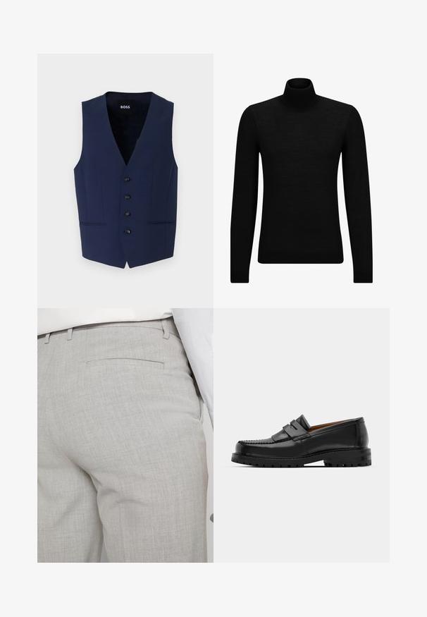 Mornarsko modra prilegajoča brezrokavnika z V-izrezom, petimi črnimi gumbi in stranskimi žepi. Izdelana iz strukturnega blaga, zasnovana za prilegajočo silhueto.; Črna turtleneck pulover iz mehkega materiala, z dolgimi rokavi in tesnim prileganjem. R ibana obroba na robu in rokavih. Preprosta zasnova.; Svetlo sive hlače po meri iz teksturirane tkanine, z enim zadnjim žepom in čistim šivom.; Črne usnjene loafersice imajo dvignjen šiv, dve dekorativni trakovi na zgornjem delu in debel strukturiran podplat za boljši oprijem.
