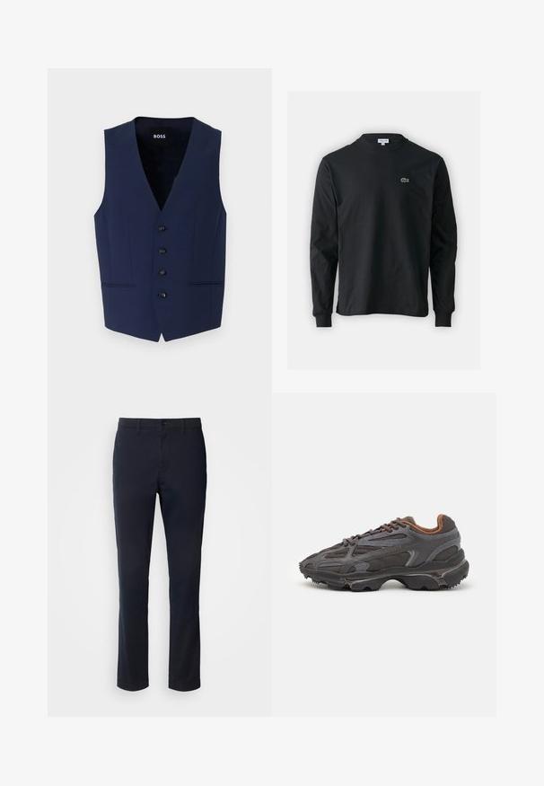 Mornarsko modra prilegajoča brezrokavnika z V-izrezom, petimi črnimi gumbi in stranskimi žepi. Izdelana iz strukturnega blaga, zasnovana za prilegajočo silhueto.; Črna dolgi rokavi majica iz bombaža, z okroglim ovratnikom in majhnim zelenim vezenim logotipom krokodila na levem prsnem delu.; Mornarsko modre hlače iz gladkega blaga, z ravnim krojem, z zankami za pas in gumbom za zapiranje s svetlico.; Lacoste teniske v temno sivi barvi z mrežasto in sintetično prevleko, s teksturiranim podplatom in rjavimi detajli na ovratniku ter blagovni znamki.
