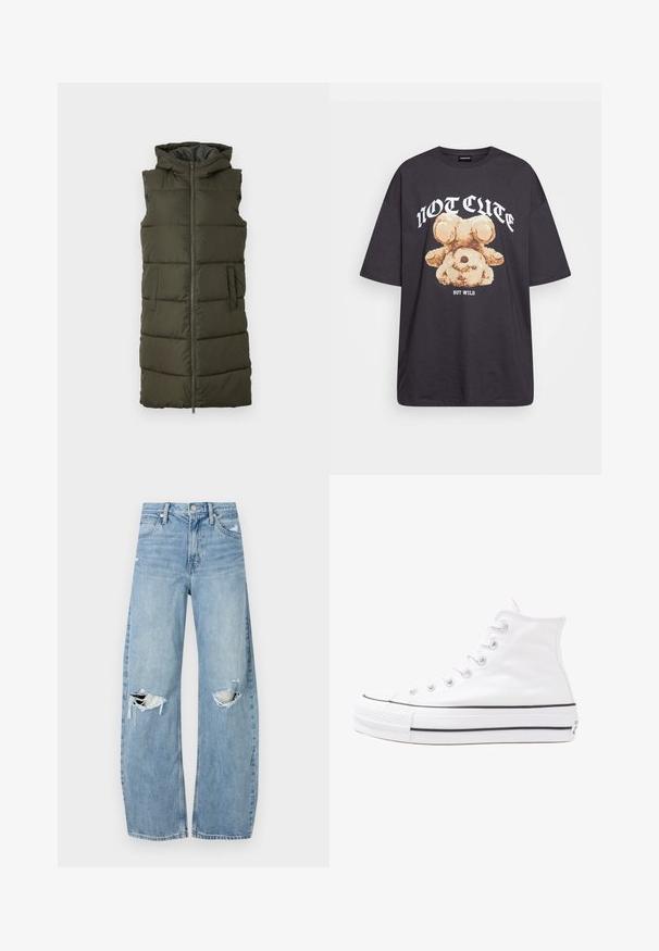 Alyvuogių žaliava be rankovių pūkinė liemenė su pilnu priekyje užtrauktuku, dviem šoninėmis kišenėmis ir gobtuvu, turinti siuvinėjimo sekcijas šilumai išlaikyti.; Juodas per didelis marškinėliai su bearo grafika ir tekstu "NE SIAUBINGA, BET NERAMUS" bold baltomis raidėmis. Pagaminta iš medvilnės.; Šviesiai mėlynos, aukštu juosmeniu džinsai pagaminti iš džinsinio audinio. Turi plačias kojų kelnes, dvi suplėšytas kelio vietas ir klasikinį penkių kišenių dizainą.; Balti aukštakulniai drobės sportbačiai su juodu guminio pado, priekinio guminio piršto dangteliu ir šešiais akytėmis raištams, pasižymintys švariu, minimalistiniu dizainu.