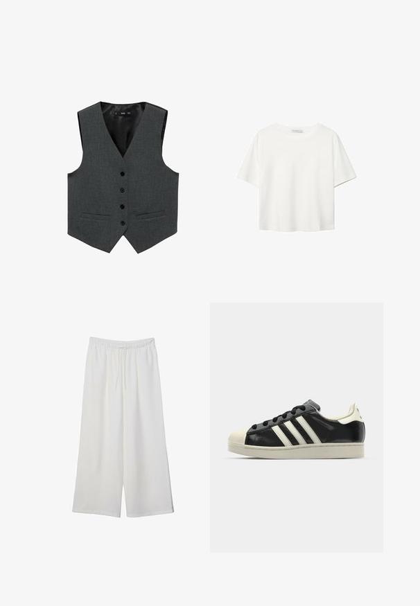 Sivi materijalni prsluk s V-izrezom, šest crnih dugmadi, dva prednja džepa i glatkom unutarnjom podstavljanjem. Modni kroj, bez rukava.; Bijela majica kratkih rukava od pamuka. Ima okrugli izrez i opušteni kroj. Glatka tekstura bez vidljivih uzoraka ili naglasaka.; Bijele hlače širokog kroja izrađene od lagane tkanine, s elastičnim pojasom i vezicom za prilagodljivu veličinu. Glatka tekstura.; Crni kožni tenisice s bijelim prugama, gumeni zaštitni vrh, crne vezice i bijela potplata boje krem. Glatka tekstura s sjajnim završetkom.