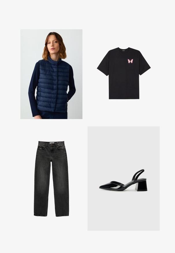 Marineblauer Steppweste mit hohem Kragen, ausgestattet mit horizontalen Steppnähten und einer Reißverschlusstasche an der Seite. Heller, leichter Stoff.; Schwarzes Baumwoll-T-Shirt mit kurzen Ärmeln, das ein kleines pinkes Schmetterlingsmotiv auf der linken Brust zeigt. Crewneck-Design mit einem entspannten Schnitt.; Schwarze Jeans aus Denim mit lockerer Passform, geradem Bein, fünf Taschen-Design und einer leicht gewaschenen Textur. Knopf- und Reißverschluss vorne.; Schwarze Lackleder-Slingback-High Heels mit spitzem Schuh und einem geometrischen Blockabsatz. Verfügt über ein schlankes, minimalistisches Design und eine glatte Textur.