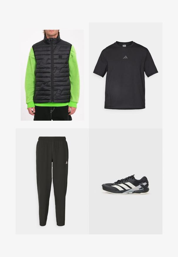 Gilet imbottito nero con colletto alto, caratterizzato da dettagli di cuciture geometriche, indossato sopra una maglietta a maniche lunghe di colore verde brillante.; Maglietta sportiva nera realizzata in materiale traspirante, con maniche corte, colletto rotondo e logo riflettente sul petto.; Pantaloni sportivi neri con elastico in vita, taglio aderente e logo bianco sulla gamba sinistra. Tessuto liscio e leggero.; Scarpa sportiva nera con strisce bianche, tomaia in rete, punta arrotondata e suola ammortizzata. Presenta un tallone testurizzato e un sistema di allacciatura sicuro.