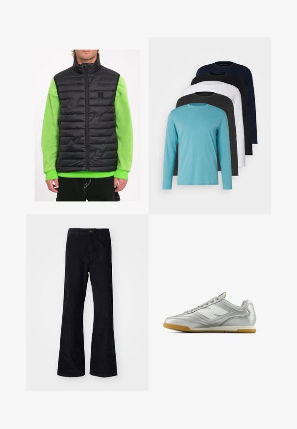 Black padded vest with a high collar, featuring geometric stitching details, worn over a bright green long-sleeve shirt.; Five long-sleeve T-shirts in a row: turquoise, black, white, dark gray, and navy blue. Soft fabric with crew neck design and standard fit.; Black, cotton flared pants with a traditional waistband, single front button, and pockets at the sides and back. Smooth texture.; Silver athletic shoe with a smooth, shiny surface, white logo on the side, textured gray laces, and a gum rubber sole.