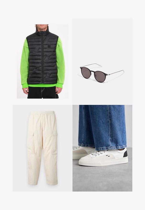 Czarna pikowana kamizelka z wysokim kołnierzem, z geometrycznymi detalami szycia, noszona na jasnej zielonej koszuli z długim rękawem.; Czarny bawełniany T-shirt z okrągłym dekoltem, krótkimi rękawami oraz białym logo "EMPORIO ARMANI" nad napisem "Milano" w zakrzywionym kształcie.; Beżowe spodnie cargo z elastycznym pasem, wyposażone w dwie boczne kieszenie oraz miękki, lekki materiał. Zmarszczona tekstura.; Białe i czarne sneakersy z gładką skórzaną cholewką, teksturowanymi akcentami oraz masywną białą podeszwą. Posiadają klasyczny system sznurowania.; Czarne okrągłe okulary przeciwsłoneczne z ciemnymi soczewkami i smukłymi metalowymi ramkami. Zawierają przezroczyste końcówki zauszników oraz srebrne akcenty przy zawiasie. Minimalistyczny design.