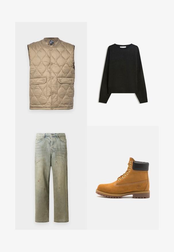 Bézs steppelt mellény kerek nyakkivágással, patentgombos záródással, két elülső zsebbel és gyémánt alakú mintázatú textúrával.; Fekete kötött pulóver, kerek nyakkivágással, bordás mandzsettával és szegéllyel. A dizájn doboz alakú, ejtett vállakkal a laza illeszkedés érdekében.; Fakó zöld, kopott farmerszadrág, egyenes lábbal, ötk zsebes kialakítással, egyenetlen kopással és festékcseppekkel.; Barna velúr bokacipő fekete párnázott gallérral, arany fém fűzőlyukakkal, fehér varrási részletekkel és durva gumitalppal, amelynek kifejezett barázdái vannak.