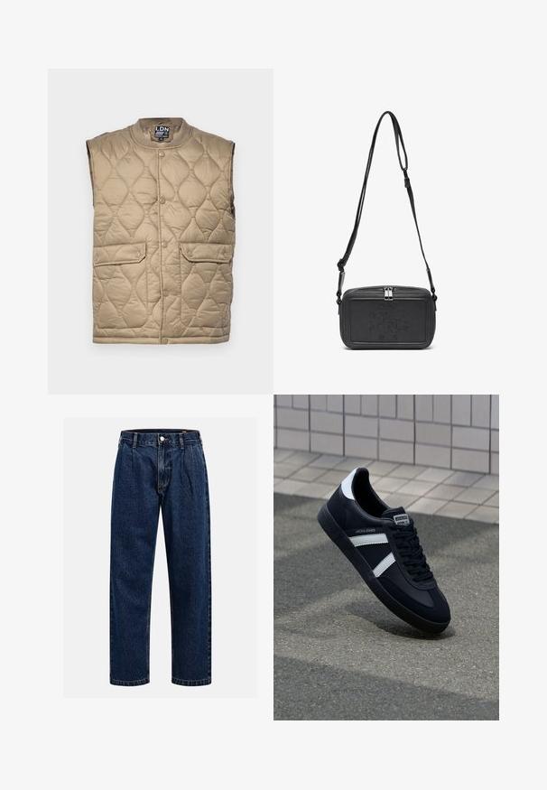 Kvadrični bež prsluk s okruglim izrezom, zatvaranjem na dugmadi, dva prednja džepa i teksturiranom površinom s uzorkom u obliku dijamanta.; Kremasta pamukasta majica s kratkim rukavima i okruglim izrezom. Ima grafički ispis u plavoj i crvenoj boji s tekstom i motivom.; Tamno plave traperice s ravnim krojem. Imaju vidljivo šivanje, kopčanje na dugme i prednje nabore za dodatne detalje.; Crne kožne tenisice s bijelim prugama, strukturirana gumena potplate i vezanjem sprijeda. Ima oznaku brenda na jeziku.; Crna kožna torbica preko tijela s patentnim zatvaračem, ugraviranim logotipom sprijeda i podesivim remenom. Glatka tekstura s pravokutnim oblikom.