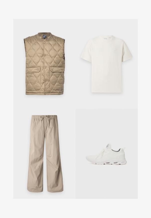 Kvalitatīvs bežs veste ar apaļu kakla izgriezumu, spiedpogu aizdari, divām priekšējām kabatām un teksturētu virsmu ar dimanta formas rakstiem.; Balta krūštura īsām piedurknēm ar ribota auduma faktūru. Apaļš kakla izgriezums, brīvs griezums, bez redzamām rakstām vai akcentiem. Vienkāršs un daudzpusīgs dizains.; Bežīgas platās bikses ar elastīgu jostu un saiti. Gluda tekstūra, divas sānu kabatas un minimāli šuvi brīvai piegriezumam.; Baltas sporta apavi ar teksturētu adītu augšdaļu, platiem auklām un mīkstinātu zoli ar redzamām gaisa kamerām papildu atbalstam.