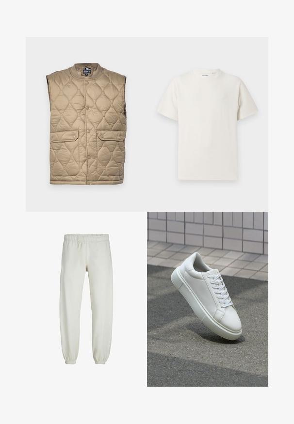 Siuvinėta smėlio spalvos liemenė su apvaliu iškirpimu, užsegama spaudėmis, turi dvi priekinės kišenes ir tekstūruotą paviršių su deimanto formos raštais.; Balta trumpa rankovė T-polo marškinėlių su juostelėmis tekstūra. Apvalus iškirpimas, laisvas fasonas, jokių matomų raštų ar akcentų. Paprastas ir universalus dizainas.; Baltos sportinės kelnės, pagamintos iš minkštos medžiagos, su elastinga juosmeniu ir rankogaliais, turinčios lygią tekstūrą ir laisvą siluetą.; Balti odiniai sportbačiai su lygiu paviršiumi, apvalia nosimi ir plokščiomis baltomis raištelėmis. Yra tekstūruotas gumos padas ir minimalizmas dizaino elementuose.