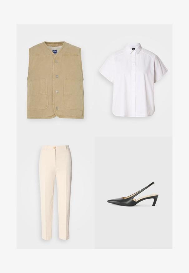 Gilet sans manches beige en tissu texturé, avec un col en V, des boutons-pression, deux poches avant et une étiquette logo sur le côté.; Chemise blanche à manches courtes, à boutons, avec un col pointu et un ourlet arrondi. Fabriquée en coton, elle possède une texture lisse et sans motifs visibles.; Pantalons taille haute couleur crème en tissu texturé. Dotés d'une fermeture à bouton à l'avant et de jambes fuselées.; Slingback noir à bout pointu avec un petit talon, en cuir lisse et doté d'un design découpé sur le côté pour plus de respirabilité.