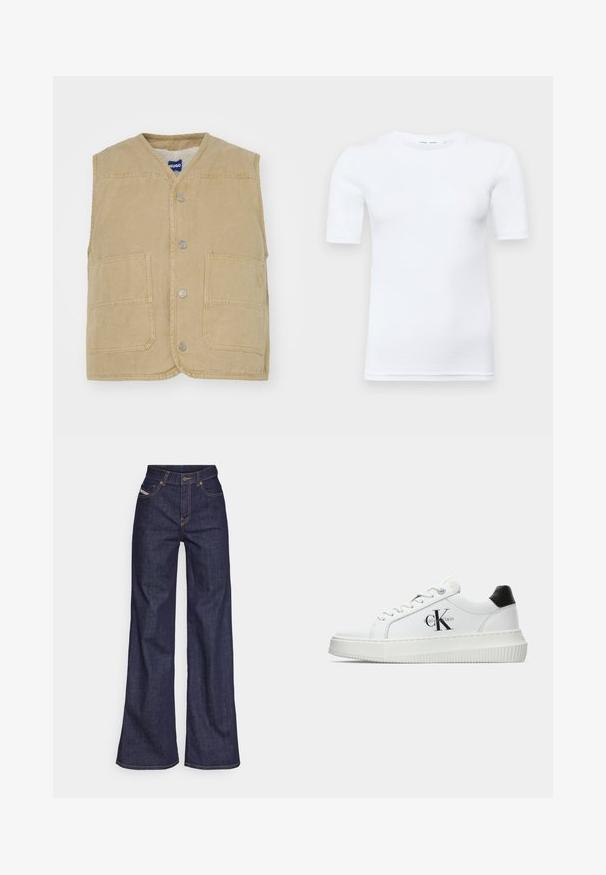 Gilet beige senza maniche realizzato in tessuto testurizzato, con scollatura a V, bottoni a pressione, due tasche frontali e una toppa con logo sul lato.; T-shirt bianco a maniche corte realizzato in cotone. Presenta un colletto rotondo e una texture liscia, con cuciture minime visibili all'orlo.; Jeans a gamba larga di denim blu scuro con vita alta, caratterizzati da cuciture arancioni, design a cinque tasche e chiusura con bottone.; Sneaker bassa bianca con tassello nero sul tallone, suola a piattaforma, lacci e logo "CK" di Calvin Klein sul lato.