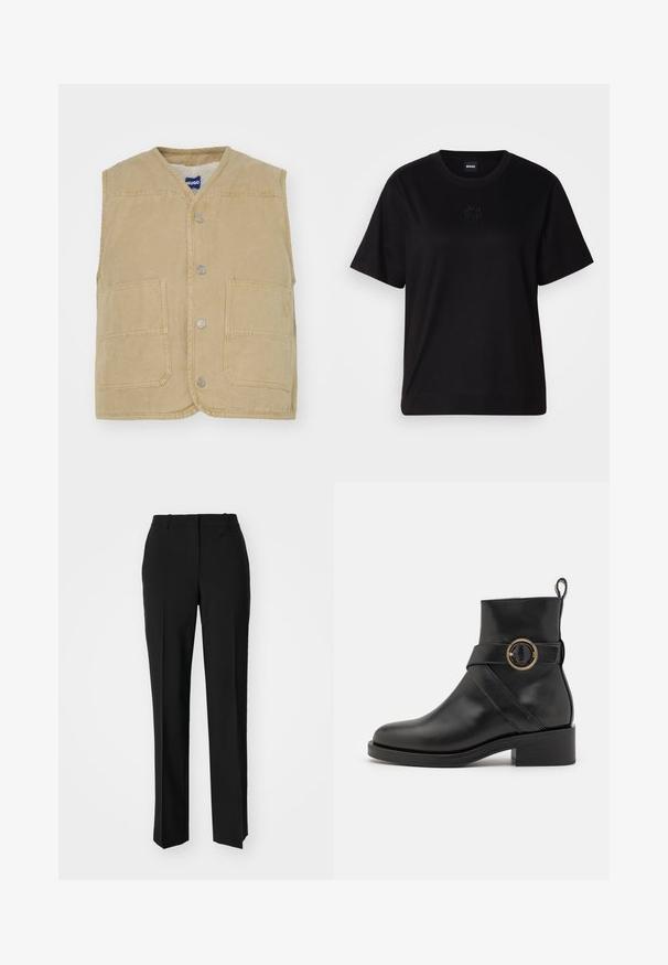 Gilet sans manches beige en tissu texturé, avec un col en V, des boutons-pression, deux poches avant et une étiquette logo sur le côté.; T-shirt en coton noir avec un col rond, des manches courtes et un logo brodé sur la poitrine. Coupe simple et décontractée sans motifs.; Pantalon noir ajusté avec une coupe droite, présentant une texture lisse et des plis nets sur le devant. Aucune quincaillerie visible.; BOSS IRYNA BOOTIE - Bottines à plateau - black