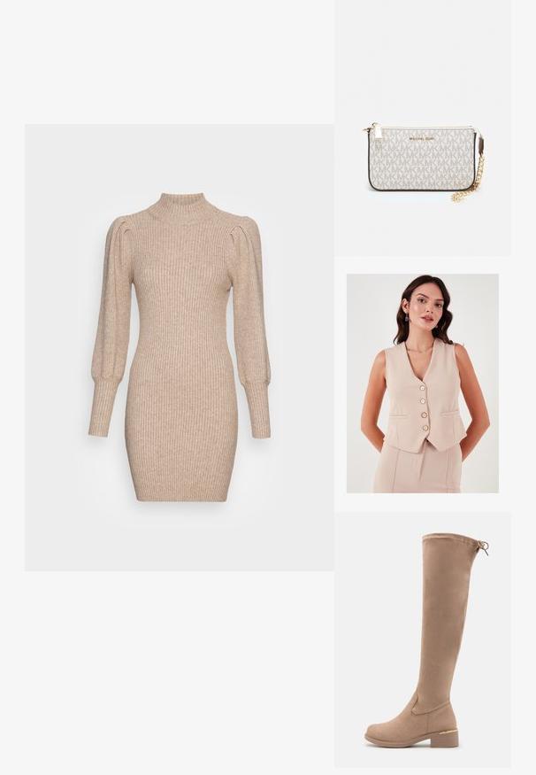 LELA - Kamizelka; Beżowa sukienka dzianinowa z prążkowanym teksturem, wysokim dekoltem i puffowanymi rękawami. Dopasowany krój z krótkim hemline'em.; Knee-high beżowe zamszowe botki z zaokrąglonym noskiem, słupkowym obcasem i subtelnym złotym akcentem na obcasie. Gładka tekstura z dopasowanym fasonem.; Portfel na nadgarstek marki Michael Kors w beżowej, pokrytej płótnem, z powtarzającym się wzorem logo MK, złotym okuciem i odpinanym łańcuszkowym paskiem.