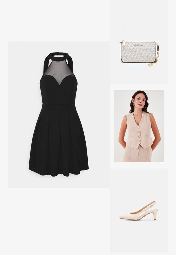 LELA SLIM FIT - Weste - stone; Schwarzes Kleid mit Neckholder und Netzpaneel. Verfügt über einen Herzausschnitt, einen gefalteten Rock und ein tailliertes Oberteil. Glatte Stofftextur.; Weiße Slingback-Absätze mit spitzer Zehenpartie, glattem Obermaterial, niedrigem Blockabsatz und seitlichem Ausschnitt-Design mit verstellbarem Schnallenriemen.; Michael Kors Clutch in beige beschichtetem Canvas mit einem wiederholten MK-Logo-Muster, goldfarbener hardware und einem abnehmbaren Kettenriemen.