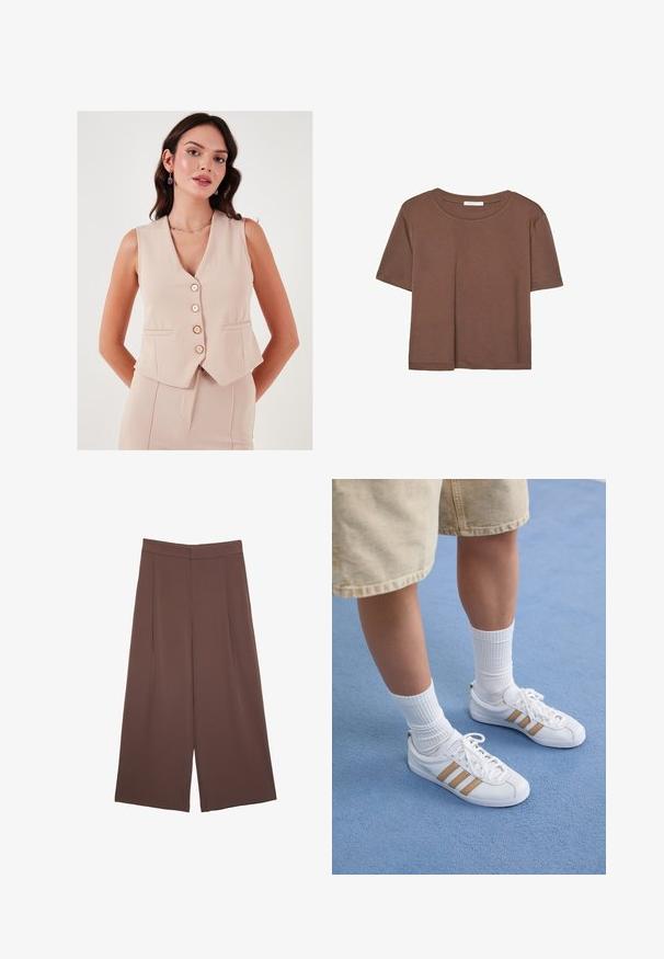 LELA - Kamizelka; Brązowa koszulka z krótkim rękawem, wykonana z miękkiego materiału, z okrągłym dekoltem i luźnym krojem. Brak widocznych wzorów lub akcentów.; Brązowe spodnie o szerokich nogawkach z gładką fakturą, z wysokim stanem i plisami z przodu. Materiał jest lekki i luźno opada.; Białe sneakersy z trzema złotymi paskami, sznurowane, z gumową podeszwą, noszone z prążkowanymi białymi skarpetkami i beżowymi szortami na niebieskiej powierzchni.