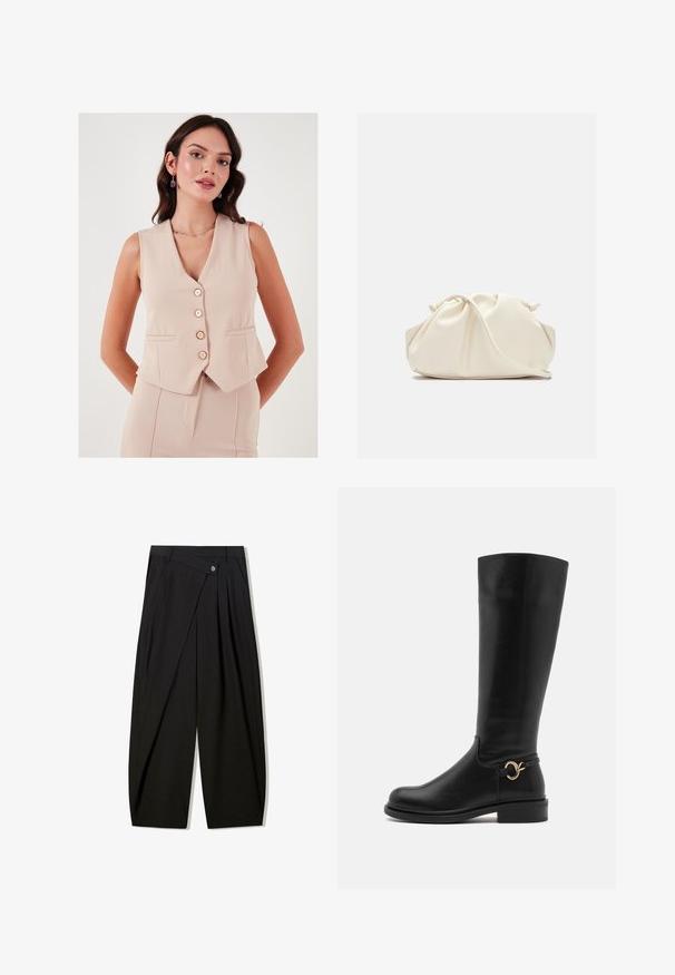 LELA SLIM FIT - Vesta - stone; Biela bezrukávová tielko vyrobené z rebrovanej látky, s okrúhlym výstrihom a priliehavým strihom, s minimálnymi švami a bez ozdôb.; Čierne široké nohavice vyrobené z hladkej látky, s prednými skladmi, zapínaním na gombík a strihom, ktorý poskytuje štruktúrovaný siluetu.; Anna Field Wide Fit Čižmy - black; Krémová, mäkká taška z umelého kože s nariaseným dizajnom, nastaviteľným popruhom a jemným šnurovaním. Hladký povrch a zaoblený tvar.