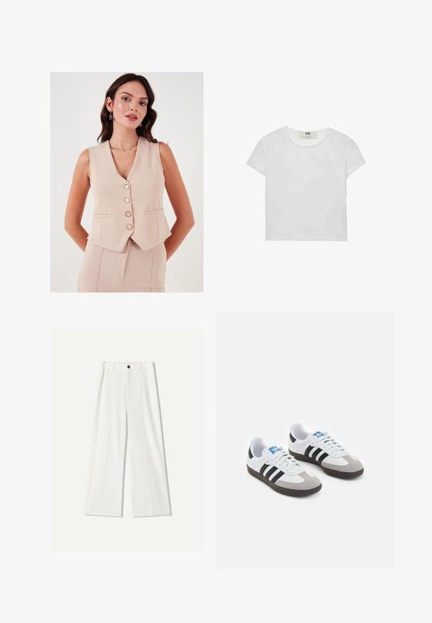 LELA SLIM FIT - Vesta - stone; Bílá tričko s krátkým rukávem a kulatým výstřihem, vyrobené z jemné bavlny, s jednoduchým a čistým designem bez viditelných vzorů nebo akcentů.; Bílé široké kalhoty vyrobené z hladké tkaniny, se zapínáním na přední knoflík a sklady. Hladký přední design, žádné viditelné kapsy.; Sportovní boty s bílým koženým svrškem, šedou semišovou špičkou a třemi černými pruhy. Obsahují modré logo na jazyku a texturovanou gumovou podrážku.