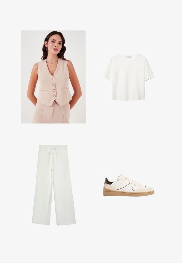 LELA SLIM FIT - Vesta - stone; Biela krátkopsová tričko vyrobené z bavlny. Má okrúhly výstrih a voľný strih. Hladká textúra bez viditeľných vzorov alebo akcentov.; Biele nohavice s širokými nohavicami vyrobené z mäkkej tkaniny. Majú elastický pás s šnúrkou a hladký povrch. Žiadne viditeľné vzory ani kovania.; Stradivarius Tenisky - white