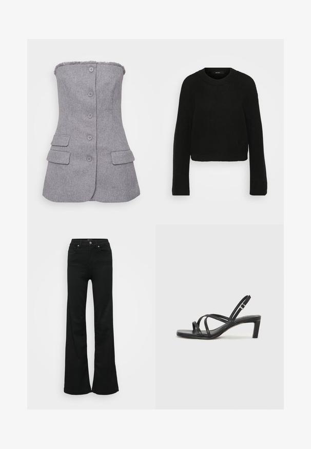 Blazer cinza, sem alças, com tecido texturizado, seis botões na parte frontal e dois bolsos frontais. Detalhe desfiado na gola. Corte ajustado.; Sweater preto tricotado com decote redondo e mangas longas. Apresenta um padrão texturizado e um design cropped.; Jeans ajustados pretos em denim, com cintura alta, cinco bolsos e fecho de botão metálico. Textura suave com detalhes mínimos.; Sandal de tiras pretas com biqueira quadrada e um pequeno salto bloco. Apresenta várias tiras finas e uma tira no tornozelo ajustável. Feito de couro liso.