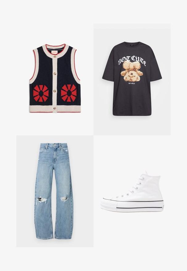 Tmavě modrá pletená bezrukávová vesta s bílým lemováním, červenými kruhovými vzory na přední straně a třemi hnědými knoflíky uprostřed.; Černé oversized tričko s grafikou medvěda a textem „NENÍ CUTE, ALE DIVOKÝ“ v tučném bílém písmu. Bavlněný materiál.; Světle modré džíny s vysokým pasem vyrobené z denimu. Mají široké nohavice, dvě roztržené oblasti na kolenou a klasický pětikapsový střih.; Bílé vysoké plátěné tenisky s černou gumovou podrážkou, přední gumovou špičkou a šesti očky na tkaničky, se čistým, minimalistickým designem.