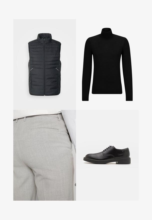 Juodas pūkinis liemė su aukštu apykakle, priekiniai užtrauktukai, horizontalius siuvinėjimo raštą ir dvi užtraukiamos šoninės kišenės. Papuoštas atspindinčiomis detalėmis.; Juodas aukšto kaklo megztinis, pagamintas iš minkštos medžiagos, su ilgomis rankovėmis ir prigludusia forma. Su raukiniais apačioje ir rankogaliuose. Paprastas dizainas.; Šviesiai pilkos spalvos pritaikytos kelnės iš faktūrinės medžiagos, turinčios vieną užpakalinę kišenę ir tvarkingus siūlus.; Juodas odinis batų modelis su raišteliais, apvaliu nosiu, lygiu paviršiumi, minimaliai siuvinėjimu ir žemu guminėmis pakulne. Ant pakulnės šalia logo.