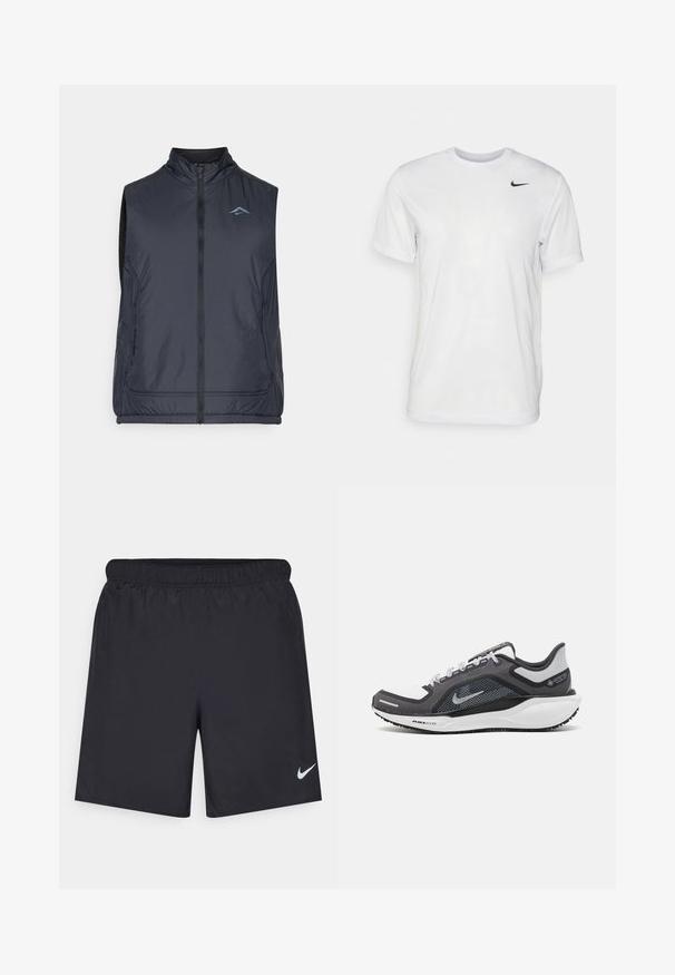 Chaleco sin mangas en un tono azul marino oscuro, confeccionado con una tela ligera y suave. Presenta un cuello alto, cremallera frontal y un logo sutil en el pecho.; Camiseta blanca de manga corta hecha de tela suave. Presenta un cuello redondo y un pequeño logo negro de Nike en el pecho izquierdo.; Pantalones cortos deportivos negros hechos de un material ligero con una cintura elástica. Presenta un pequeño logo blanco de Nike en la parte inferior izquierda.; Zapatilla deportiva negro y gris con parte superior de malla, acentos reflectantes y una entresuela blanca. Presenta una suela de goma texturizada y cordones.