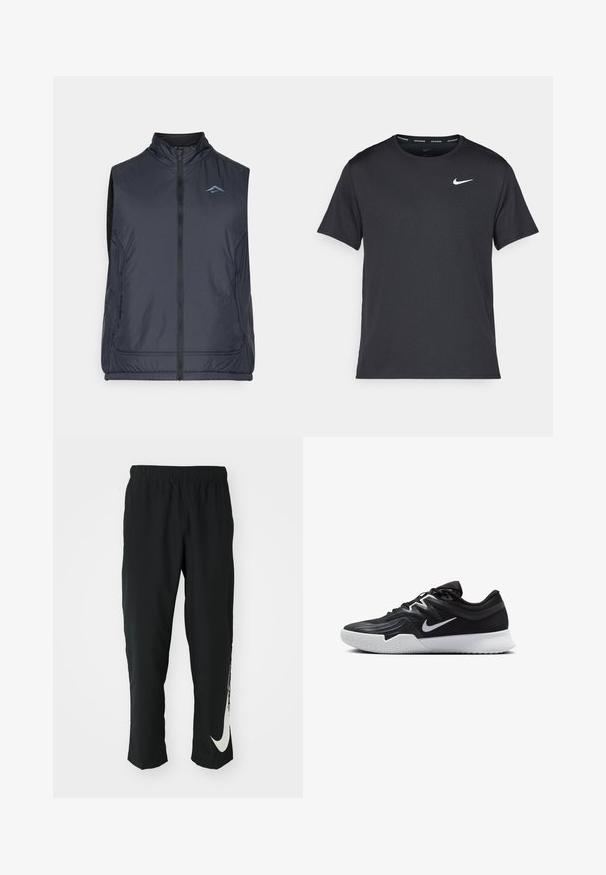 Mouwloze donkerblauwe vest gemaakt van lichte, gladde stof. Voorzien van een hoge kraag, een ritssluiting aan de voorkant en een subtiel logo op de borst.; Zwarte Nike hardloop T-shirt gemaakt van lichtgewicht, ademend materiaal, met korte mouwen en een klein wit logo op de borst.; Zwarte sportbroeken met elastische tailleband, taps toelopend ontwerp, met een groot wit Nike-logo op het linkerbeen. Zachte, lichte stof.; Zwarte sportieve schoen met een gestructureerde bovenkant, witte Nike swoosh en een witte rubberen zool. Beschikt over een veterontwerp en een dynamische vorm.